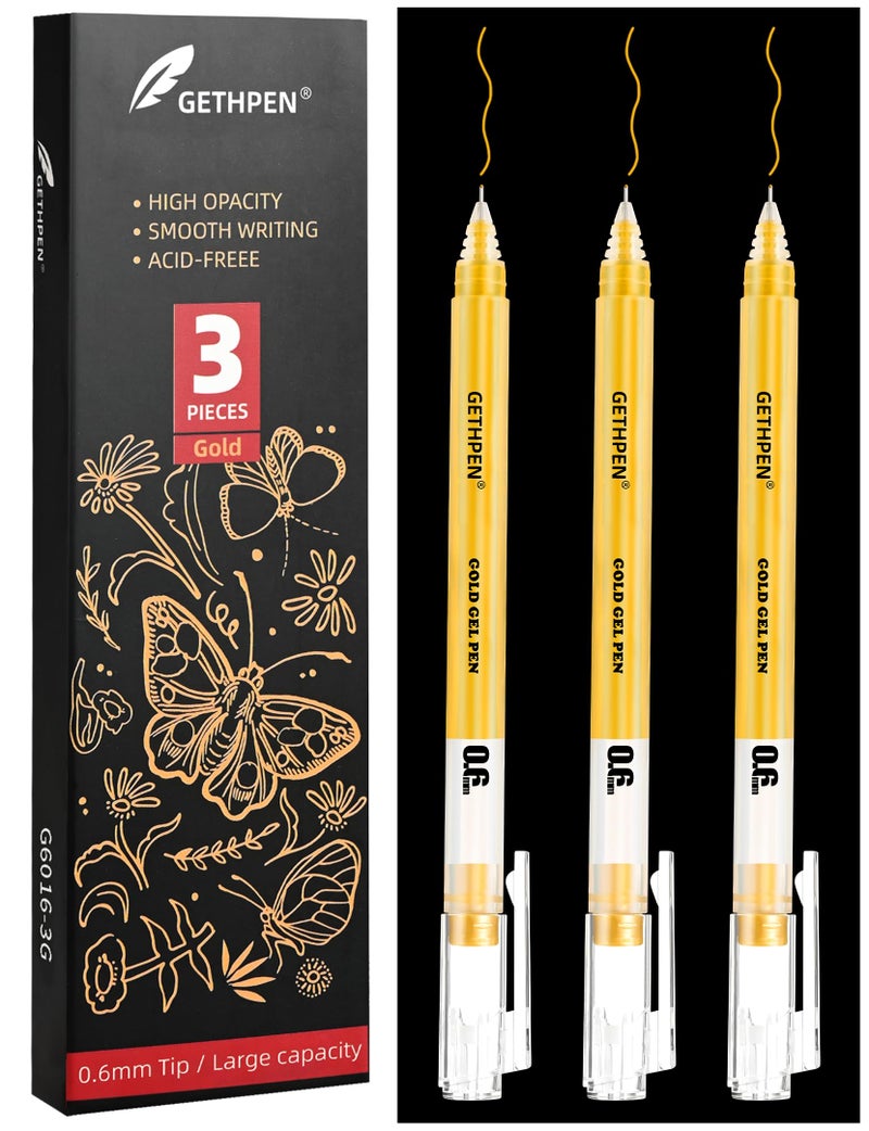 Gethpen 0.6Mm Fine Point Gold Gel Pens  3-Pack For Artists Drawing On Black Paper  Sketching  Adult Coloring Books & Holiday Crafts - Image 1