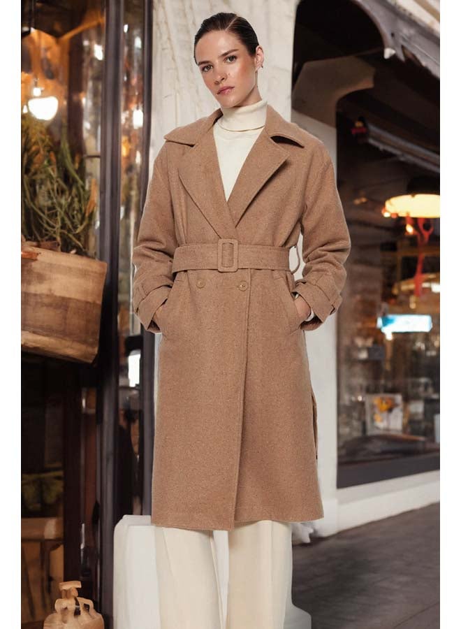 trendyol Mink Oversize Wide-Cut Belted Long Wool Cachet Coat TWOAW22KB0015  - Image 1