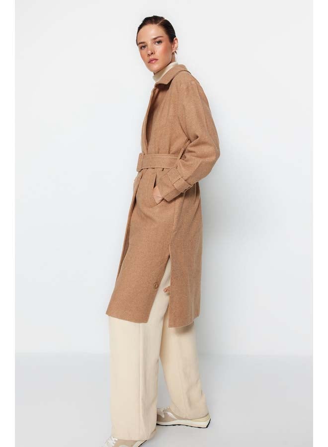 trendyol Mink Oversize Wide-Cut Belted Long Wool Cachet Coat TWOAW22KB0015  - Image 4