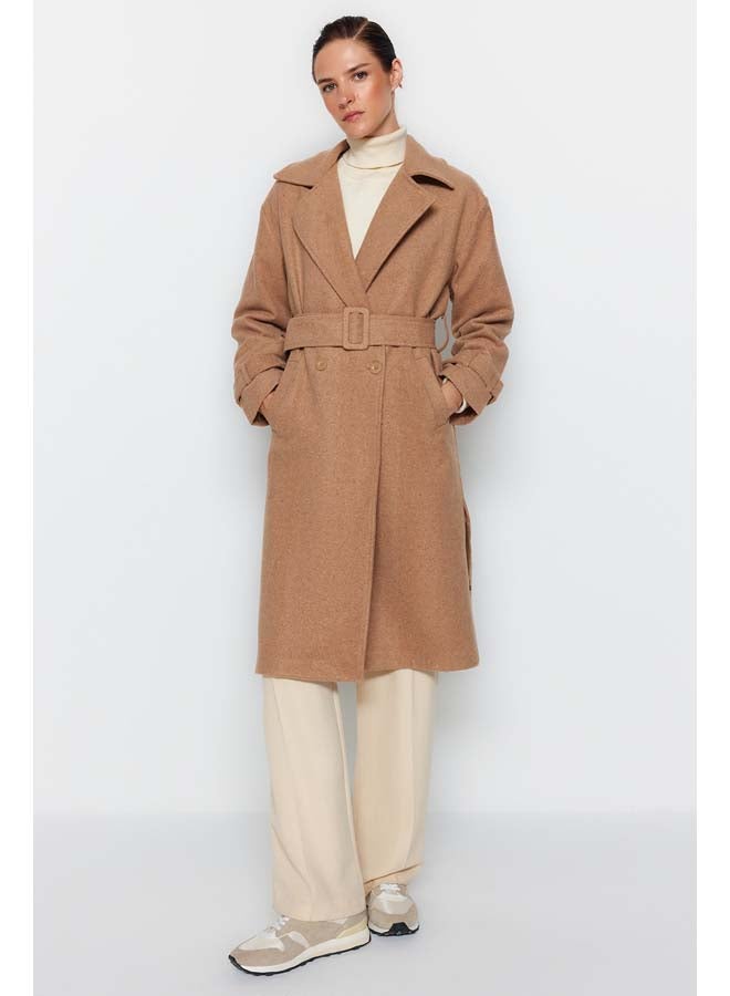 trendyol Mink Oversize Wide-Cut Belted Long Wool Cachet Coat TWOAW22KB0015  - Image 2