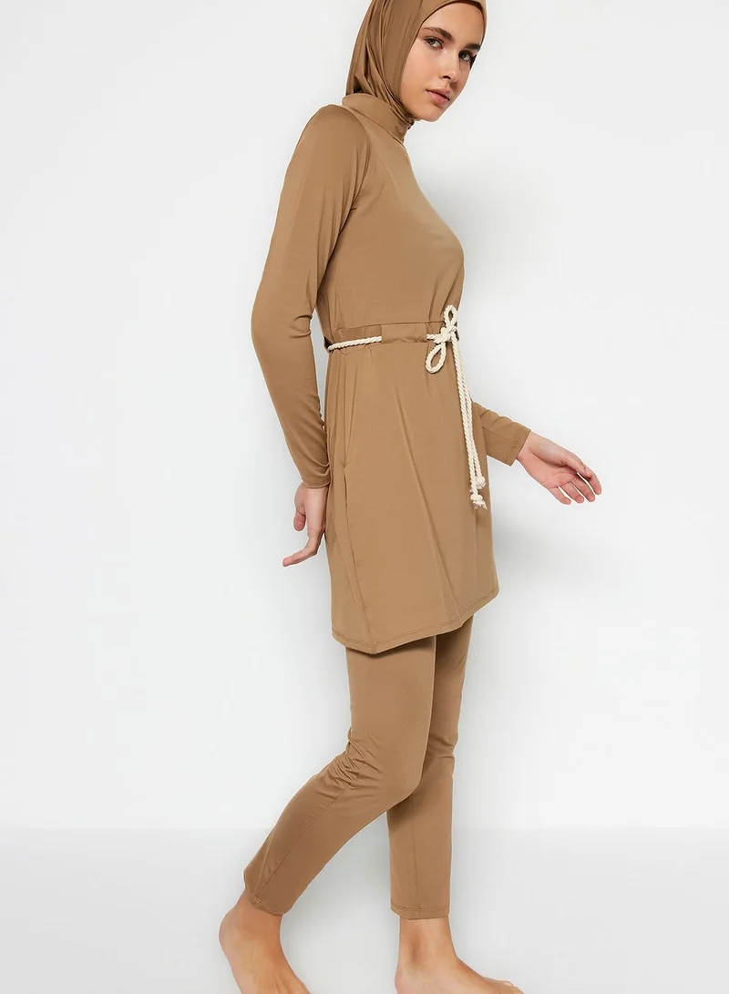 trendyol Belted Swimsuit Cap & Pants Set