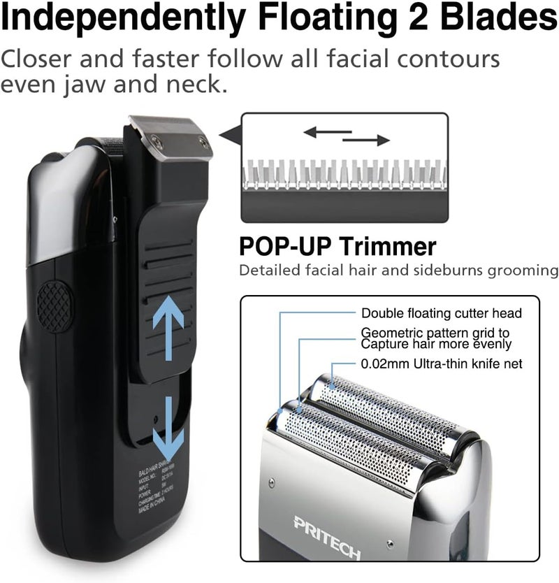 PRITECH Foil and Bald Shavers 2 in 1 Electric Shaver for Men Foil Blade and PopupTrimmer with Rechargeable 3 Adjustable Speeds Men's Shaver (Black Silver) - Image 3