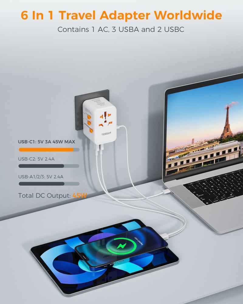 TESSAN 45W Universal Travel Adapter Worldwide with PD USB C Fast Charging - Image 3