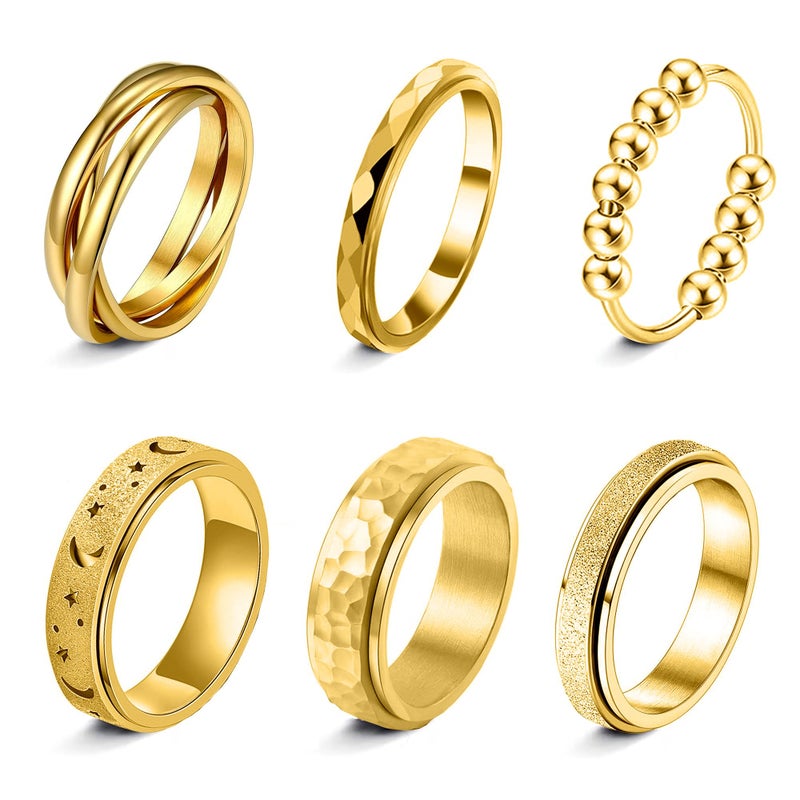 LOFITOR 18K Gold Plated Fidget Rings for Anxiety 6pcs Stainless Steel Spinner Ring Anti Anxiety Ring Spinning Moon Star Cool Stress Relieveing CZ Band Rings Set for Women Men Elegant 9 - Image 1