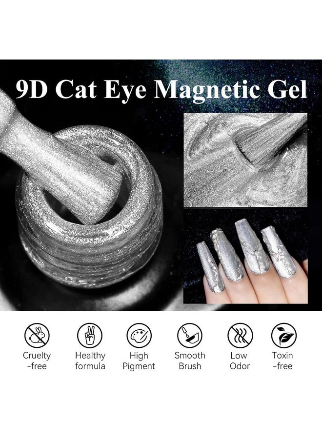 MIZHSE - MIZHSE 9D Cat Eye Gel Nail Polish, Silver Magnetic Gel Polish with Magnet Stick, Magic Shimmer Galaxy Effect Holographic Glitter Silky Cat Eye Nail Polish Soak Off Nail Art Salon Manicure DIY at Home - Image 1
