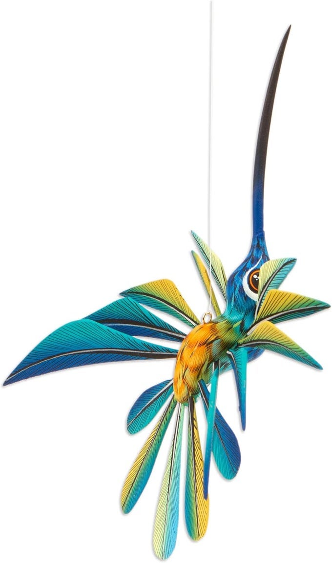 BLUE AND YELLOW HAND PAINTED ALEBRIJE HUMMINGBIRD COPAL WOOD SCULPTURE BLUE HUMMINGBIRD