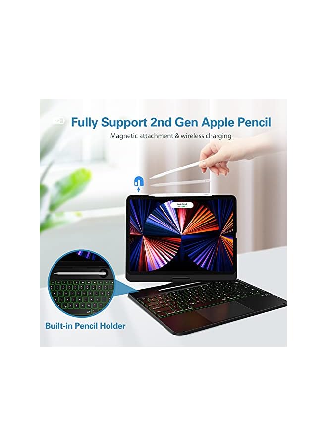 Procases Keyboard Case With Trackpad For Ipad Pro 12.9 2021 2020 2018, Touchpad Keyboard Case With 360 Degree Rotation 7 Color Backlit Pencil Holder For 5Th 4Th 3Rd Gen 12.9 Inch Ipad –Black - Image 4