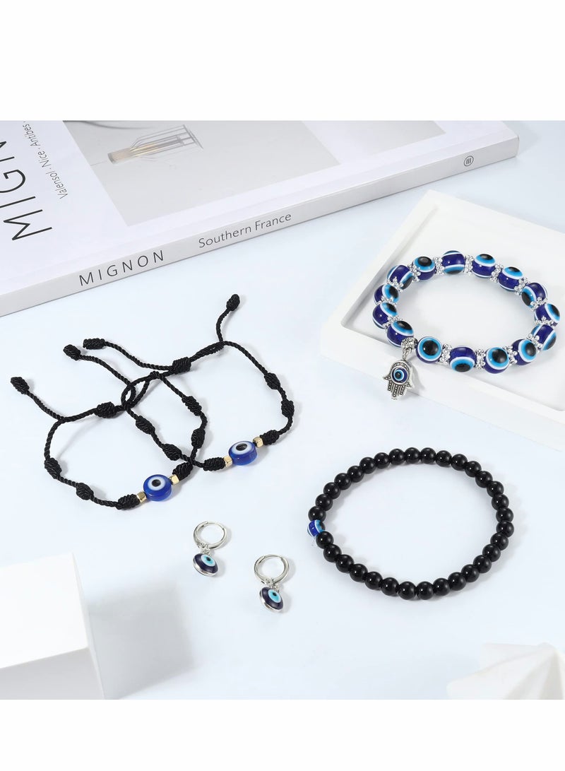 11 Piece Evil Eye Jewelry Set for Men and Women Including Necklace Earrings and Bracelet with Leather Rope Design for Protection - Image 3
