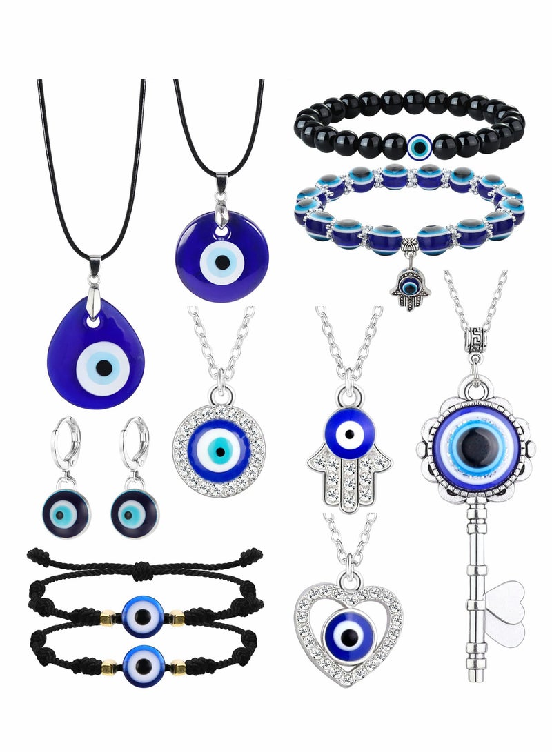 11 Piece Evil Eye Jewelry Set for Men and Women Including Necklace Earrings and Bracelet with Leather Rope Design for Protection - Image 1