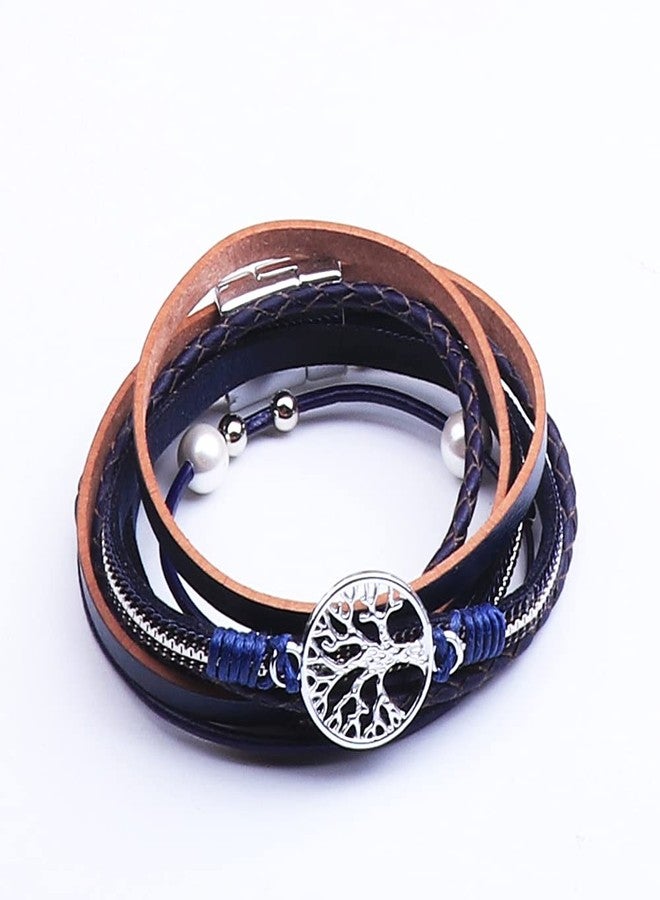 KSQS Tree Of Life Leather Multi-Layer Wraps Bracelet, Boho Wide Buckle Wristband Bangle, Braided Cuff Bracelets for Women(Long Blue) - Image 4