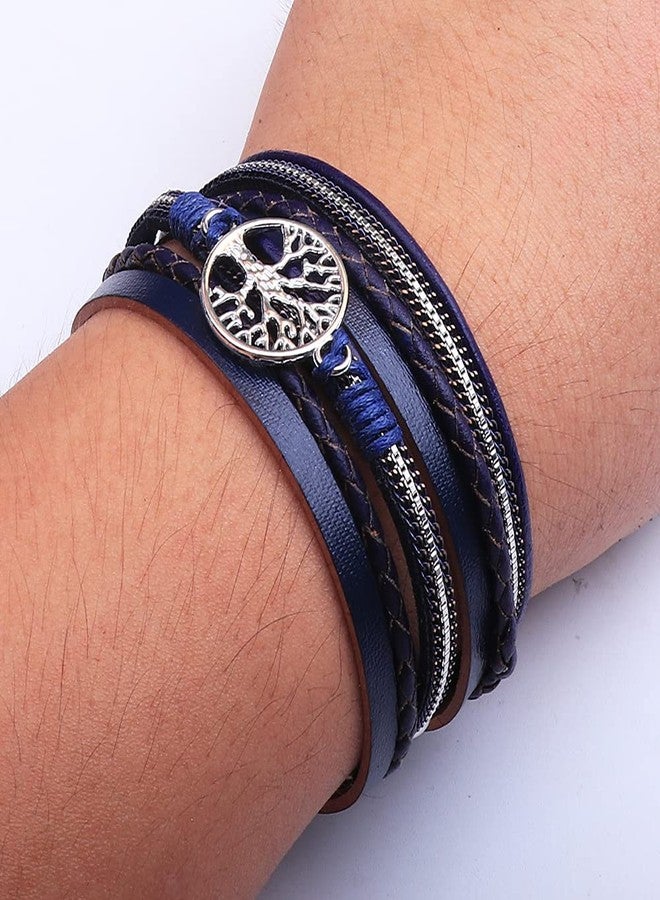 KSQS Tree Of Life Leather Multi-Layer Wraps Bracelet, Boho Wide Buckle Wristband Bangle, Braided Cuff Bracelets for Women(Long Blue) - Image 5