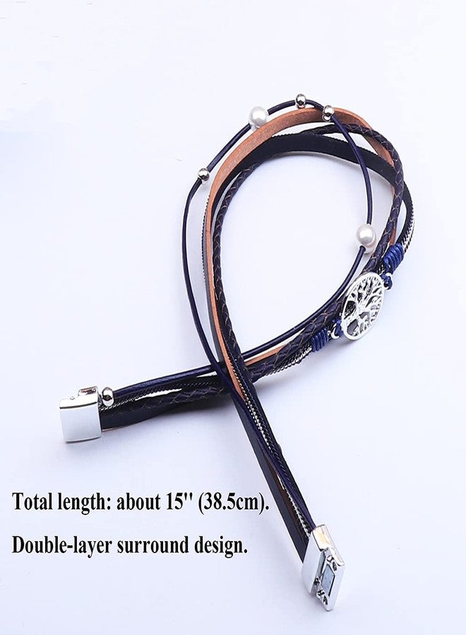 KSQS Tree Of Life Leather Multi-Layer Wraps Bracelet, Boho Wide Buckle Wristband Bangle, Braided Cuff Bracelets for Women(Long Blue) - Image 2