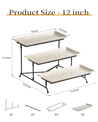 LAUCHUH 3 Tier Serving Tray, Porcelain Serving Platters and Trays for Party 12 Inch Tiered Tray Stand Cupcake Stand with Collapsible Sturdier Rack for Father's Day Serving Food, Speckled Glaze - Image 2