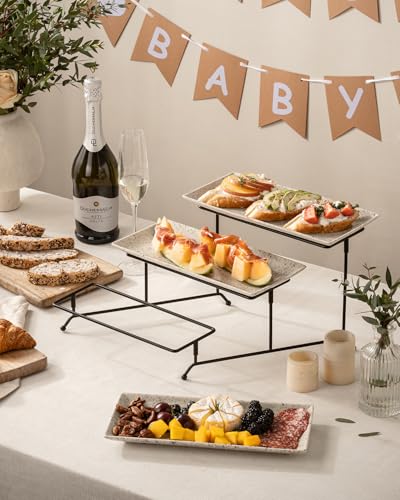 LAUCHUH 3 Tier Serving Tray, Porcelain Serving Platters and Trays for Party 12 Inch Tiered Tray Stand Cupcake Stand with Collapsible Sturdier Rack for Father's Day Serving Food, Speckled Glaze - Image 4
