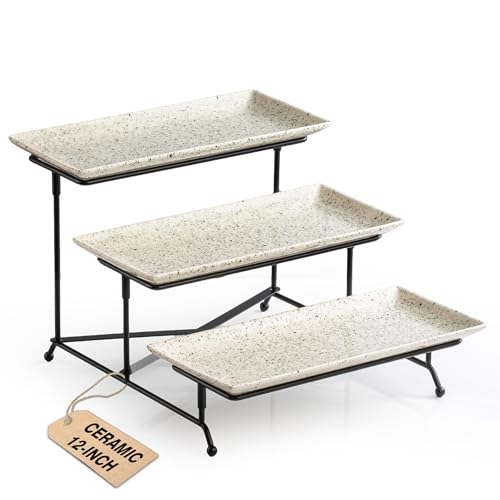 LAUCHUH 3 Tier Serving Tray, Porcelain Serving Platters and Trays for Party 12 Inch Tiered Tray Stand Cupcake Stand with Collapsible Sturdier Rack for Father's Day Serving Food, Speckled Glaze - Image 1