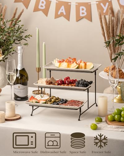 LAUCHUH 3 Tier Serving Tray, Porcelain Serving Platters and Trays for Party 12 Inch Tiered Tray Stand Cupcake Stand with Collapsible Sturdier Rack for Father's Day Serving Food, Speckled Glaze - Image 3