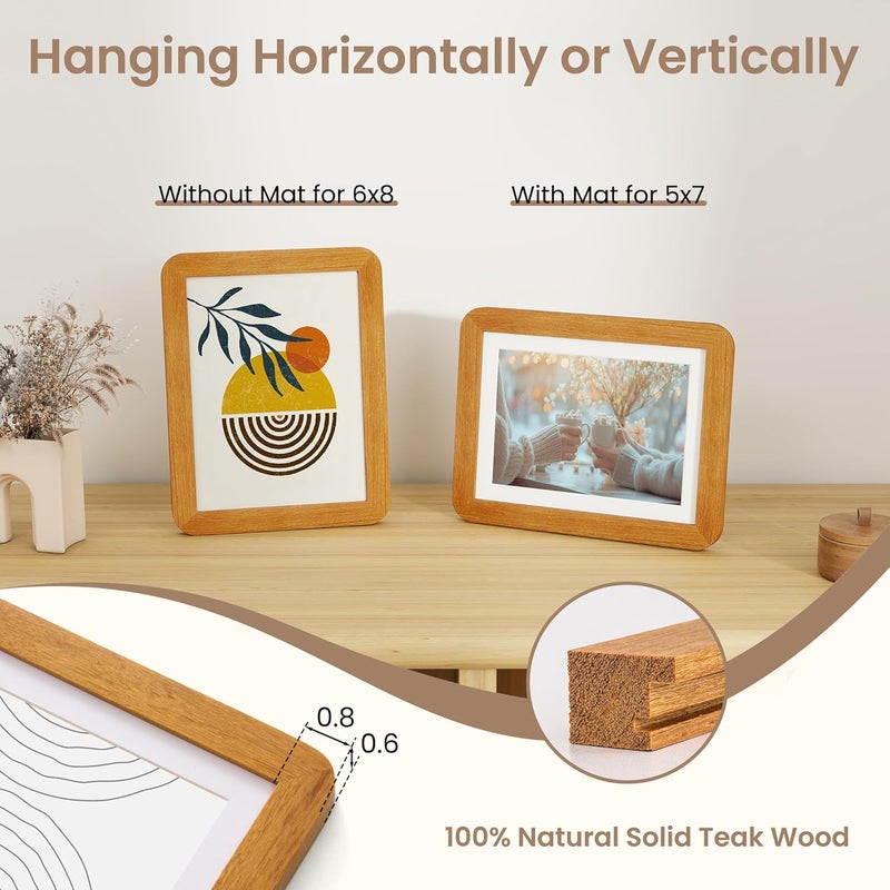 Fun Memories 6x8 Picture Frame Solid Teak Wood, Light Wood 6x8 Frame Matted to 5x7 for Photos & Prints, 8x6 Horizontal or Vertical Frame with Tempered Glass & Wall Kit - Image 2
