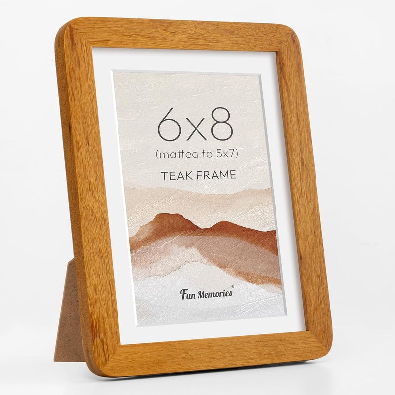 Fun Memories 6x8 Picture Frame Solid Teak Wood, Light Wood 6x8 Frame Matted to 5x7 for Photos & Prints, 8x6 Horizontal or Vertical Frame with Tempered Glass & Wall Kit - Image 1