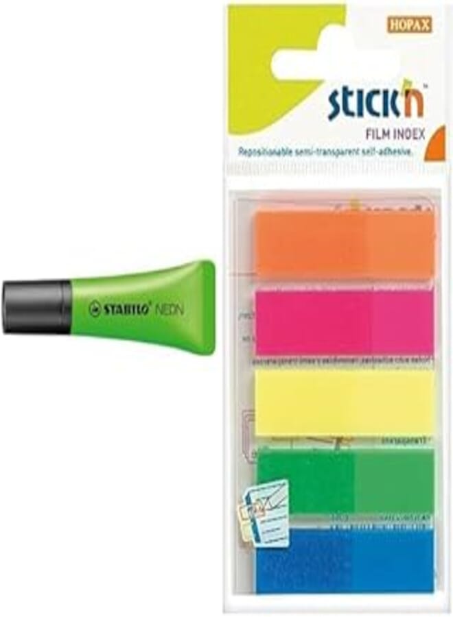 Stabilo neon highlighter - green + Stick n value 12 mm film index tab - neon multi-colour