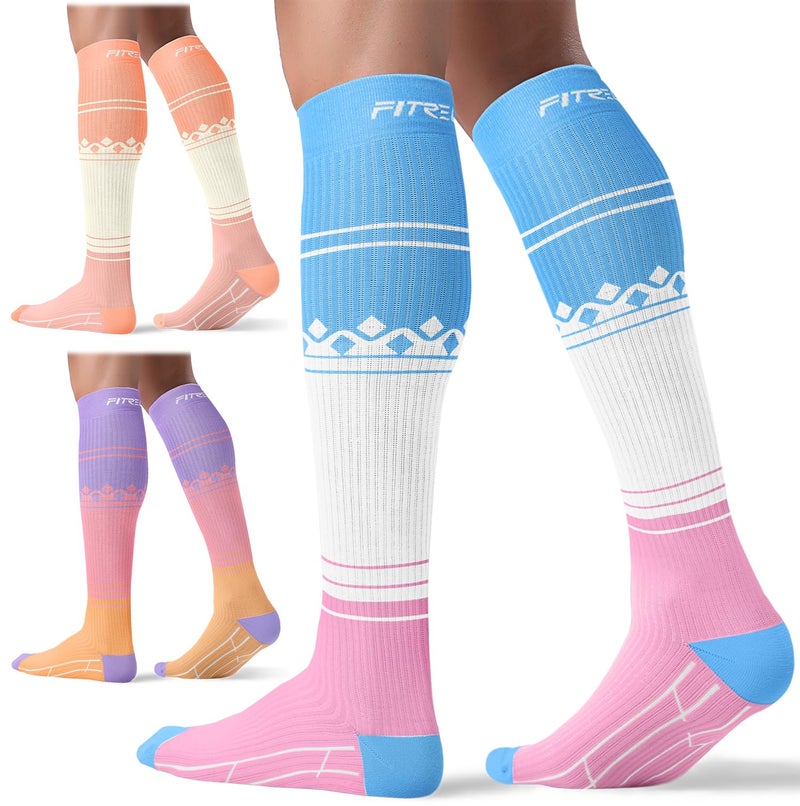 FITRELL 3 Pairs Compression Socks for Women and Men 20-30mmHg- Support Socks for Travel, Running, Nurse, Knee High, Bliss Cream, S/M - Image 1