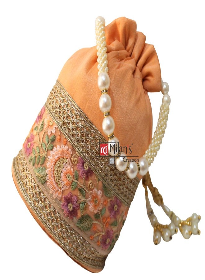 MILAN'S CREATION Embrodiery Potli Bag with base for women with Golden Embroidery and Pearl Handle Tassel (Peach) - Image 3