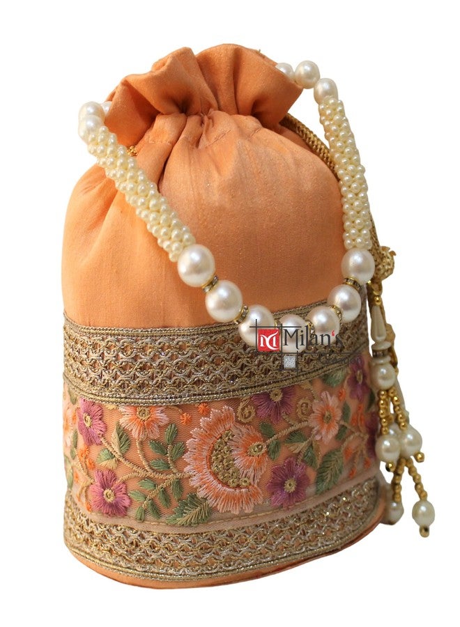 MILAN'S CREATION Embrodiery Potli Bag with base for women with Golden Embroidery and Pearl Handle Tassel (Peach) - Image 2