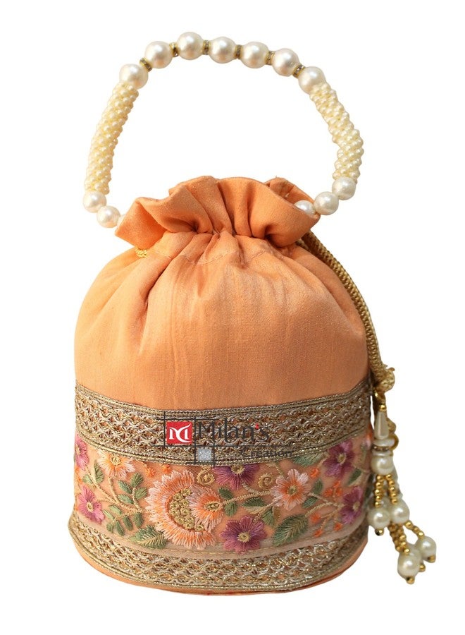 MILAN'S CREATION Embrodiery Potli Bag with base for women with Golden Embroidery and Pearl Handle Tassel (Peach) - Image 1