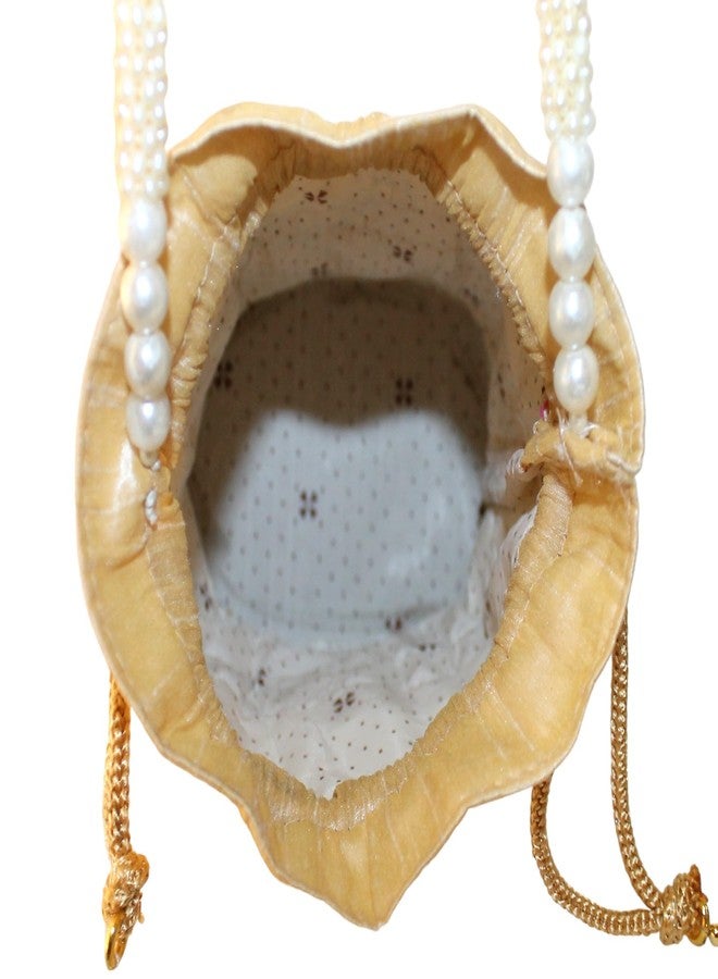 MILAN'S CREATION Embrodiery Potli Bag with base for women with Golden Embroidery and Pearl Handle Tassel (Peach) - Image 5