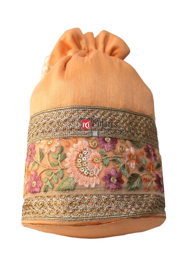 MILAN'S CREATION Embrodiery Potli Bag with base for women with Golden Embroidery and Pearl Handle Tassel (Peach) - Image 4