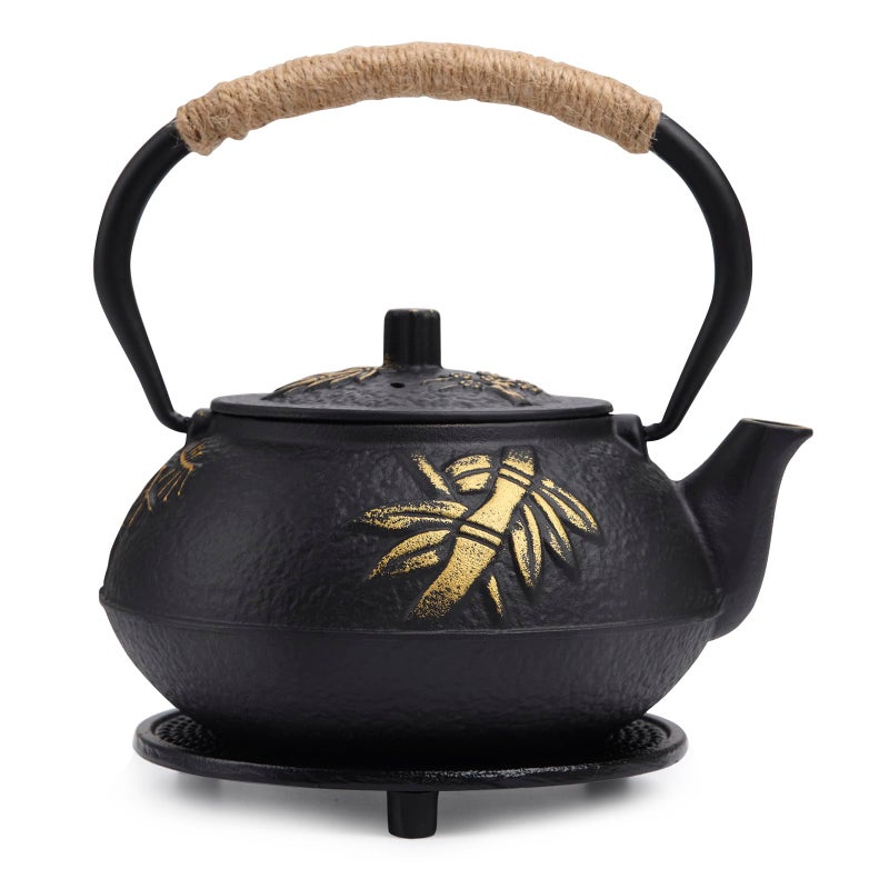 Fuloon Japanese Tea Kettle Cast Iron Teapot Infuser Strainer Set Chinese Leaf Pattern with Stainless Steel Filter 30oz09L Chinese Leaf
