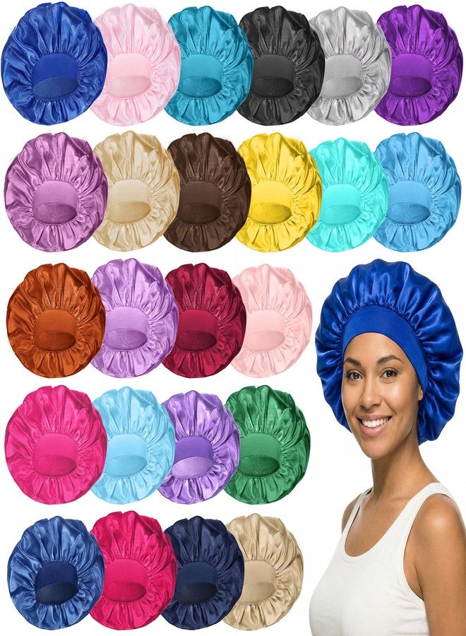 Sibba 24 Pack Satin Bonnets for Sleeping, Colors Satin Lined Silky Sleeping Bonnets Large Silk Bonnet Wide Band Hair Bonnet Soft Elastic Hair Wrap Cap Silky Shower Cap for Black Women Men Curly Hairs - Image 1