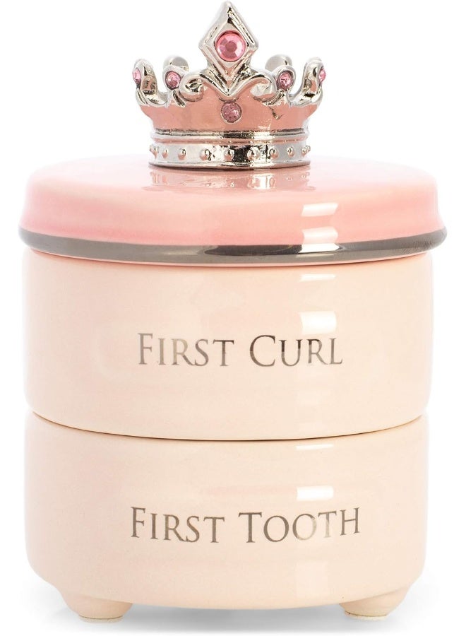 DEMDACO First Tooth and Curl Pink Ceramic Stoneware Children's Stackable Keepsake Box - Image 1