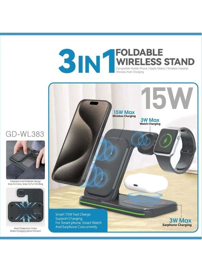 GO-DES GD-WL383 3 IN 1 Wireless Charging Stand_Black - Image 3