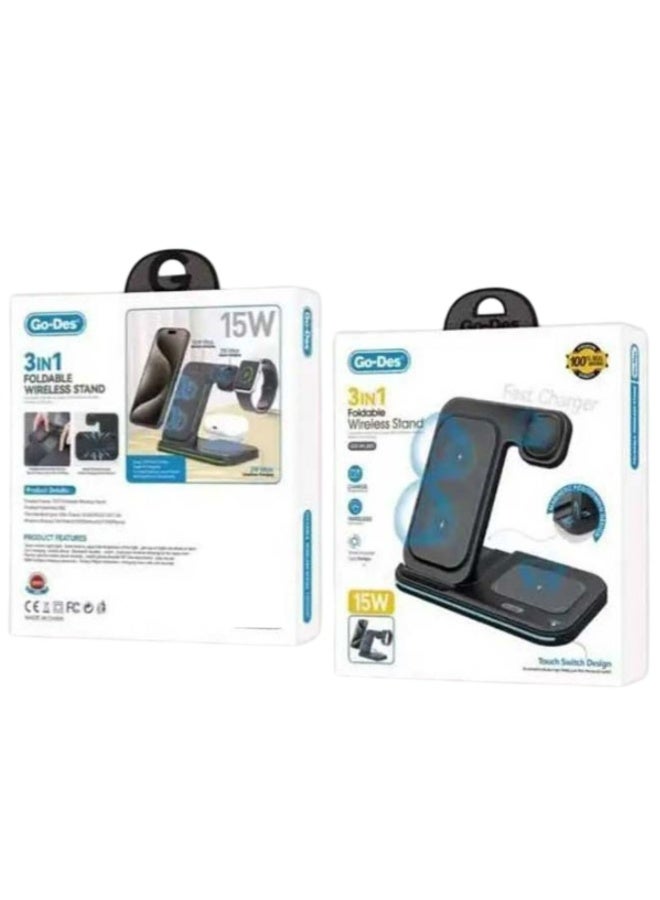 GO-DES GD-WL383 3 IN 1 Wireless Charging Stand_Black - Image 2