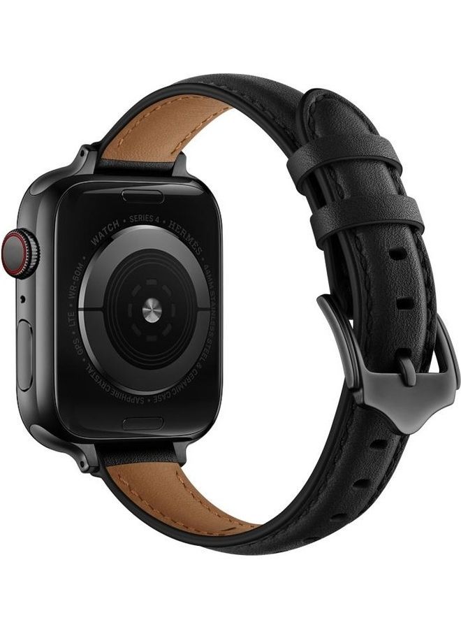 NIBEMINENT Business Style Leather Replacement Strap Watchband For Apple Watch Series 7/6/SE/5/4/3/2/1 42/44/45mm Black Buckle - Image 3