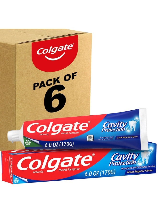 كولجيت معجون أسنان كولجيت لحماية الأسنان من التسوس بالفلورايد، بنكهة عادية رائعة، 6 أونصة (عبوة من 6 قطع) - Image 1