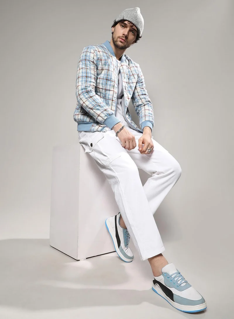 CAHOOT  Men's Icy Blue & Brown Tartan Plaid Bomber Jacket for Men | Best Price UAE