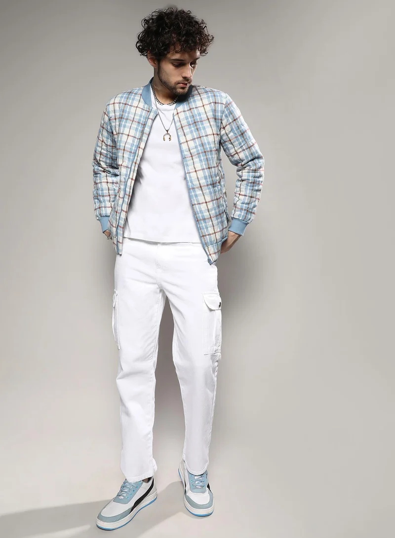 CAHOOT  Men's Icy Blue & Brown Tartan Plaid Bomber Jacket for Men | Best Price UAE