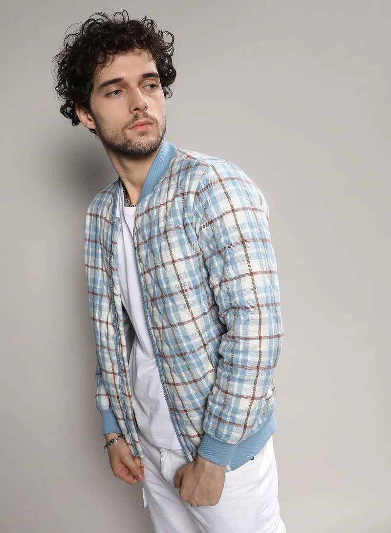 CAHOOT  Men's Icy Blue & Brown Tartan Plaid Bomber Jacket for Men | Best Price UAE