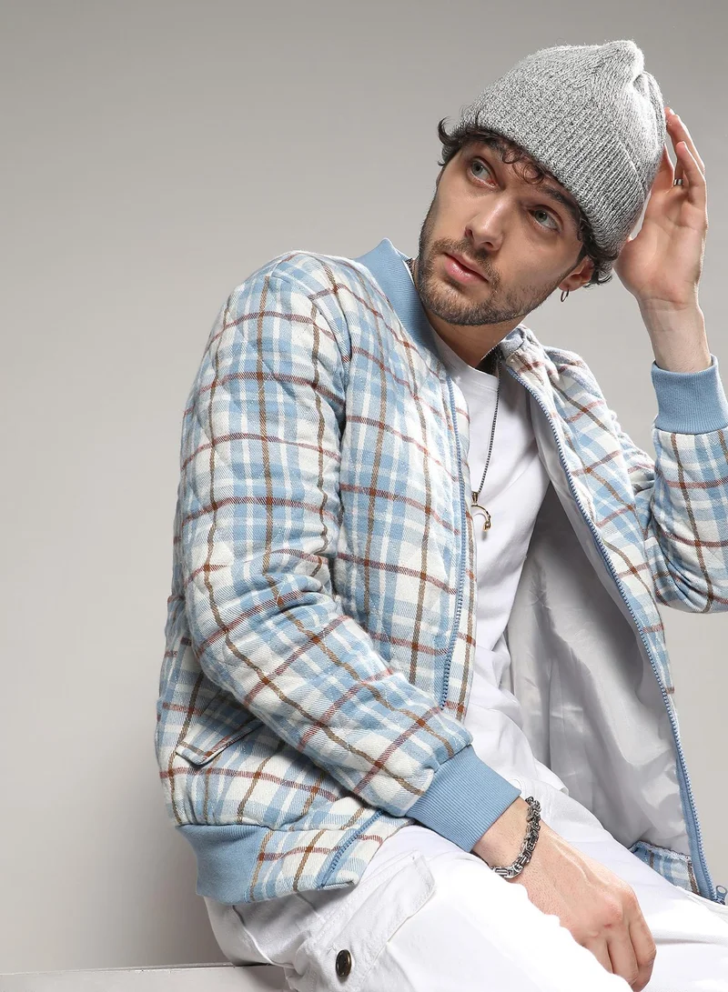 Campus Sutra Men's Icy Blue & Brown Tartan Plaid Bomber Jacket