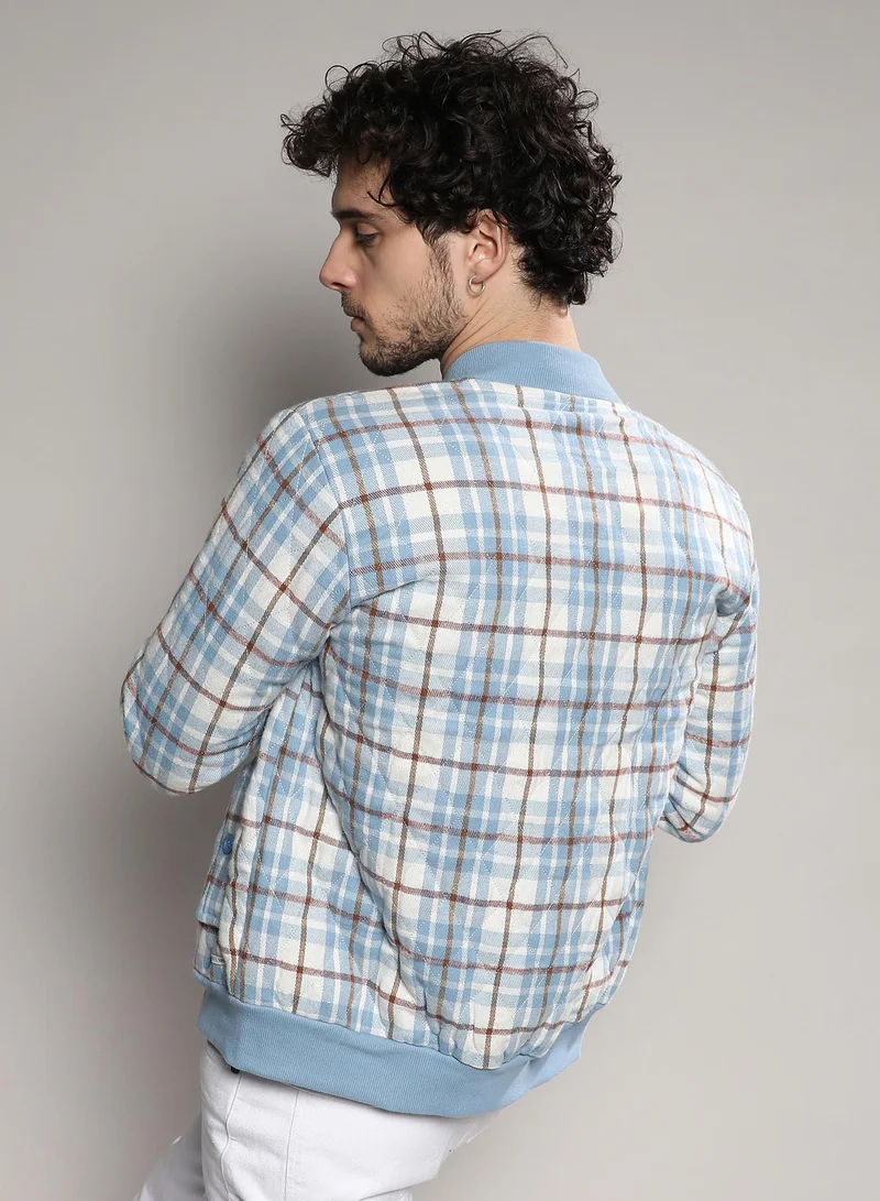 CAHOOT  Men's Icy Blue & Brown Tartan Plaid Bomber Jacket for Men | Best Price UAE