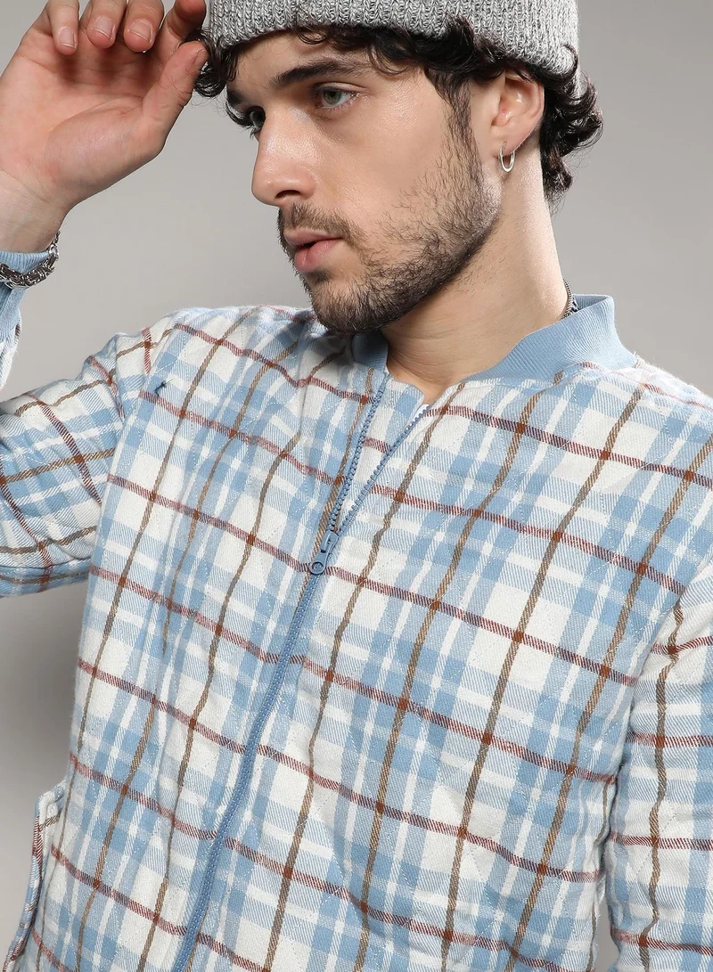 CAHOOT  Men's Icy Blue & Brown Tartan Plaid Bomber Jacket for Men | Best Price UAE