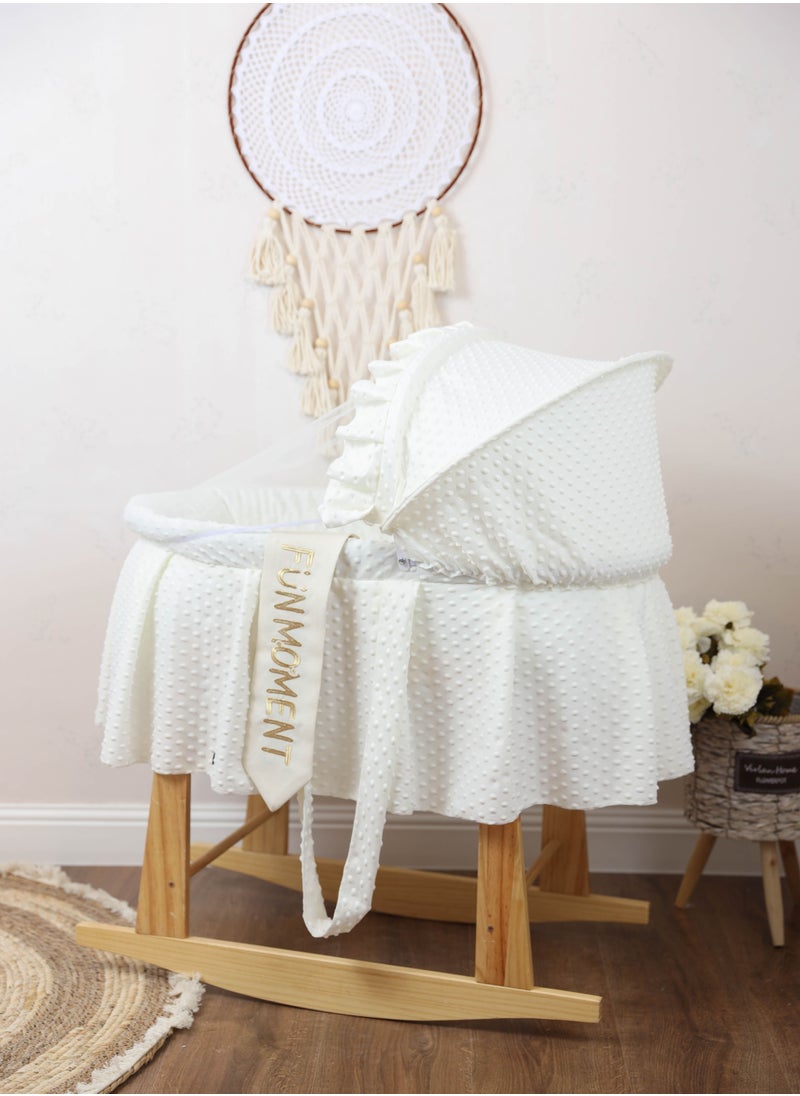 FUN MOMENT - Baby Moses Basket Off-White Basket with Rocking Wooden Stand - Image 1