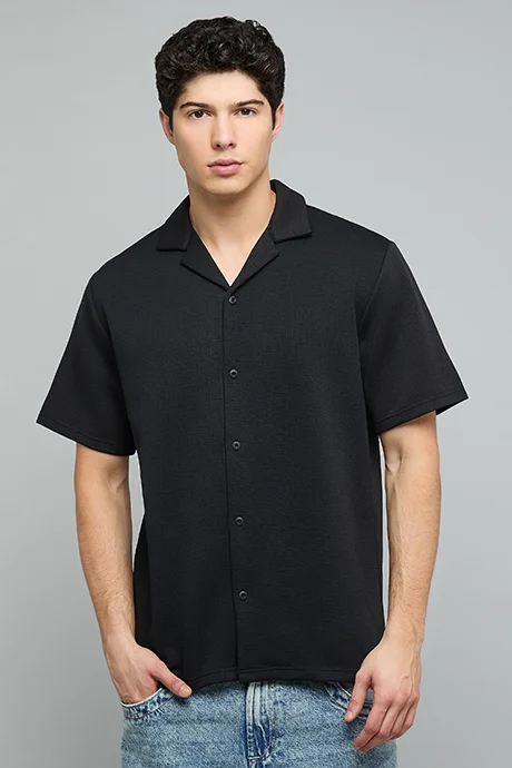 أر أند بي Textured Shirt with Revere Collar and Short Sleeves