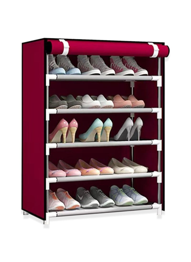 Swift 5 Tiers Shoes Rack with Dustproof Cover Adjustable Tall Shoe Storage Hold 15 Pairs of Shoes Cabinet Closet Shoe Organizer Shelf Doorway Corridor 30x60x90cm, Red 