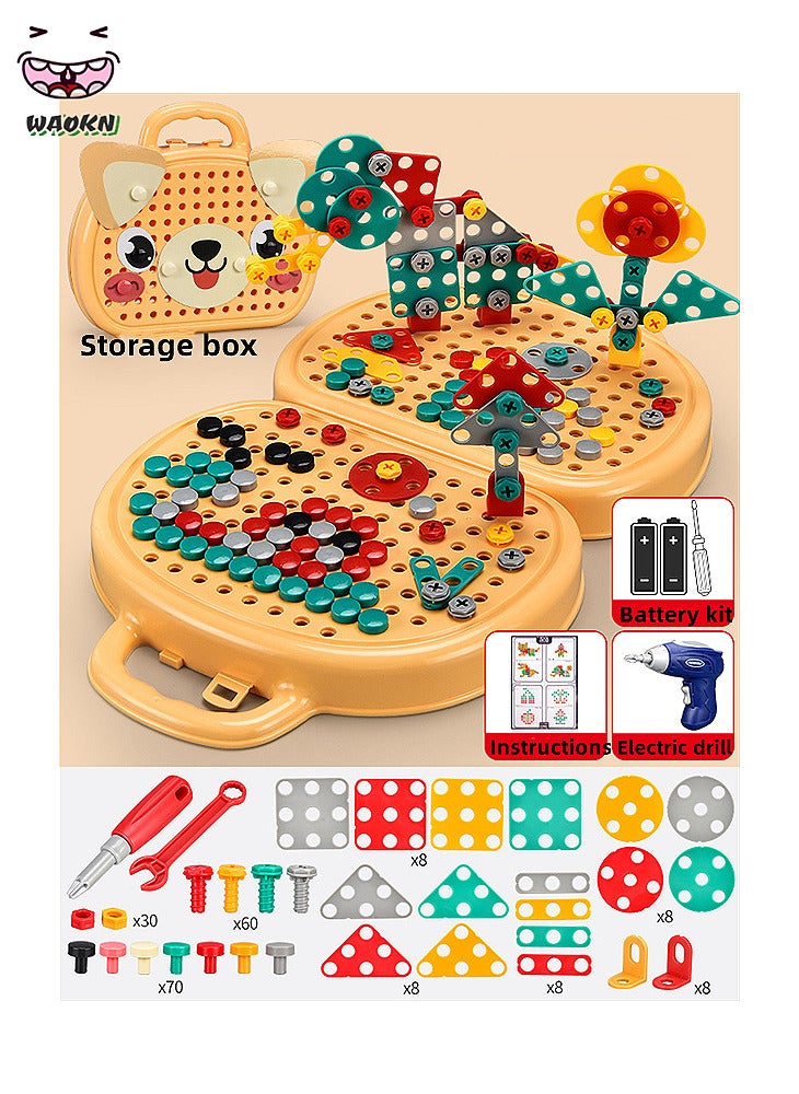 WAOKN 205 PCS Creative Electric Mosaic Drill Puzzle Toys Set with Electric Toy Drill Screw Tool Box Set, Creative Toolbox with Toys Electric Drill Screwdriver Tool Set Creative Mosaic Puzzle Toy - Electric Drill Toy & Rainbow Fasteners, Premium STEM Building Set for Kids 3+ Years Old