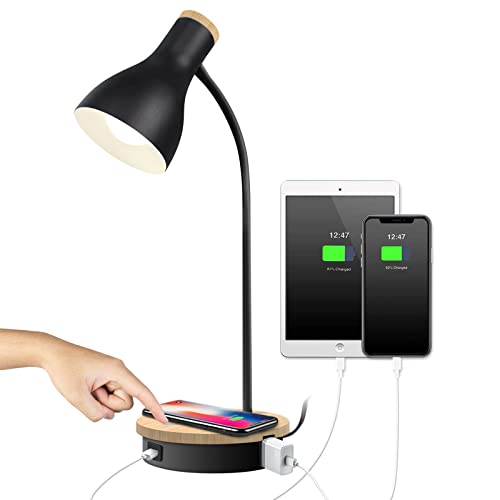 LALISU Metal Desk Lamp Wireless Charging Table Lamp Touch Reading Lights Arc Desk Lamps for Bedroom 3 Way Dimmable Bedside Lamp with USB Charging Ports Lamp for Study Room and Office Black - Image 1