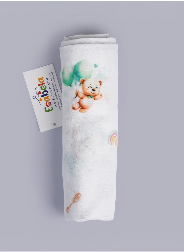 Esabela Premium Green Teddy Muslin Swaddle Blanket for Newborn to 6 Months – Ultra Soft & Breathable Baby Wrap, Lightweight Infant Sleep Sack, 100% Cotton Swaddling Cloth with Digital Print – 100 x 100 cm (Unisex)  - Image 1