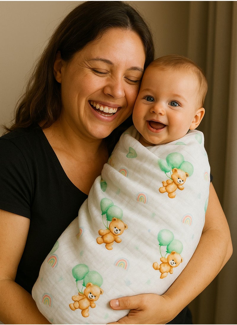 Esabela Premium Green Teddy Muslin Swaddle Blanket for Newborn to 6 Months – Ultra Soft & Breathable Baby Wrap, Lightweight Infant Sleep Sack, 100% Cotton Swaddling Cloth with Digital Print – 100 x 100 cm (Unisex)  - Image 4