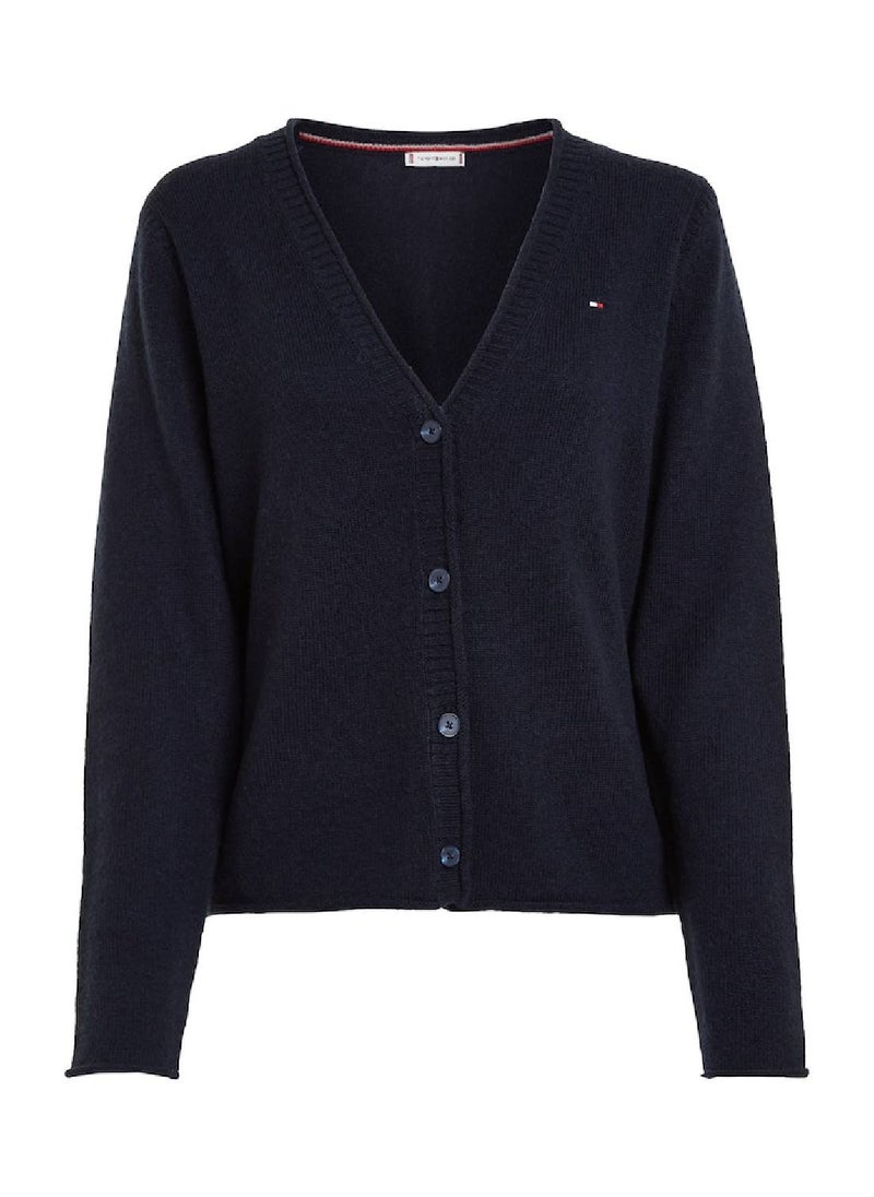 TOMMY HILFIGER - Women's Wool V-Neck Cardigan Sweater, Navy - Image 1